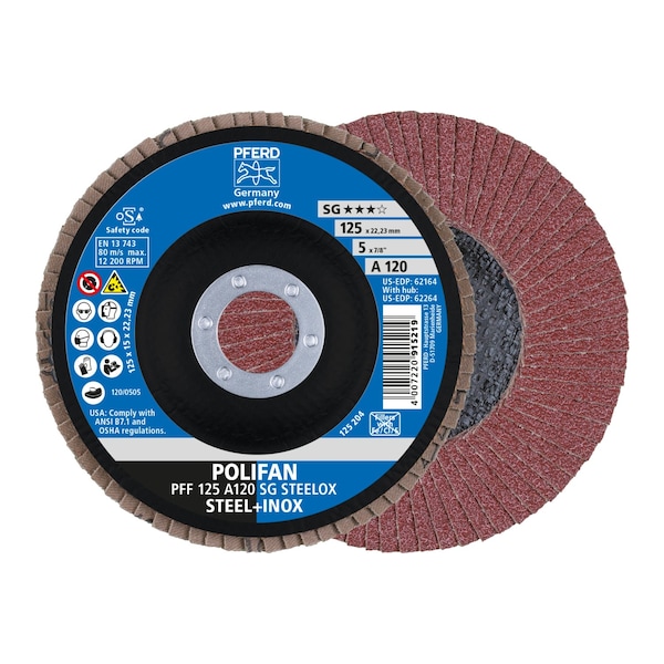 Pferd 5" x 7/8" A.H. POLIFAN Flap Disc - A SG STEELOX, Aluminum oxide, 120 Grit, Flat 62164 - main